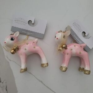 Set 2 Target Wondershop Pink & Gold Deer Ceramic Christmas Ornaments Retro NEW